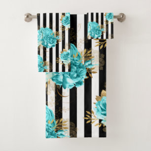Serviette Set Aqua Blue Floral Black Vert. Rayures