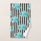 Serviette Set Aqua Blue Floral Black Vert. Rayures (Serviette à main)