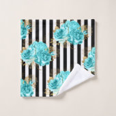 Serviette Set Aqua Blue Floral Black Vert. Rayures (Gant de toilette)