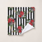 Serviette Set Rouge Gris Floral Noir Vert. Rayures (Gant de toilette)
