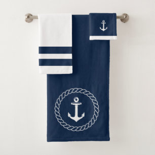 Serviettes de bain marine et blanche avec Ancre