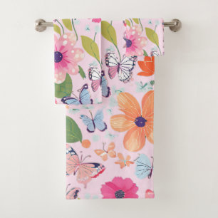 Serviettes de bain Papillons et Fleurs, Rose