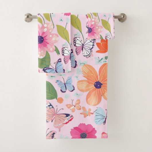Serviettes de bain Papillons et Fleurs, Rose (En situation)