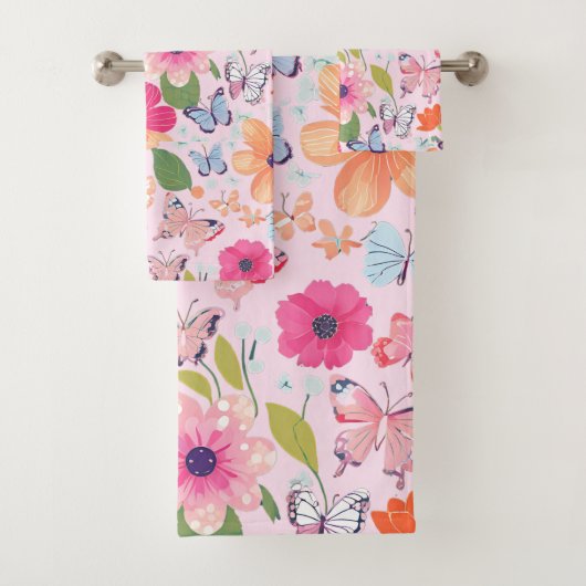 Serviettes de bain Papillons et Fleurs, Rose (En situation)