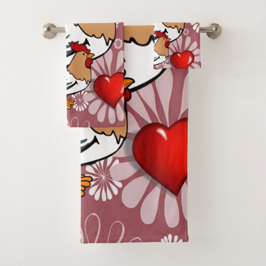 Serviettes de bain set Saint Valentin, poulet (En situation)