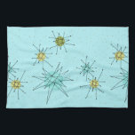 Serviettes de cuisine atomiques bleues de<br><div class="desc">Les serviettes de cuisine atomiques iconiques bleues de Starbursts des oeufs de ce Robin modèlent les starbursts atomiques iconiques de caractéristiques. C'est exact ! La vieille école, arrière - plan coloré par bleu des oeufs du merle avec des taches d'or est le contexte parfait pour la turquoise vibrante, le céleri...</div>