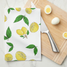Serviettes de cuisine avec citrons juteux et feuil