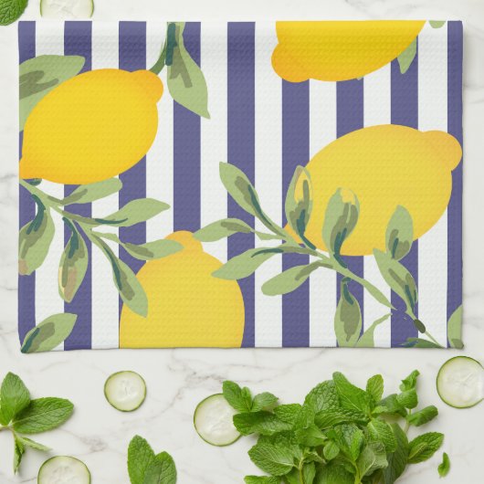 Serviettes de cuisine en citron et en rayures bleu (Plié)