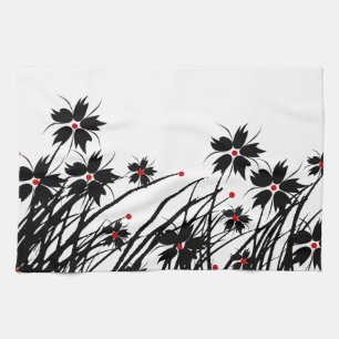 Serviettes de cuisine Floral Rouge Noir Blanc 2 DÉ