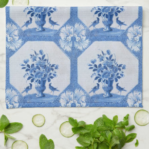 Serviettes de cuisine florales en bleu antique Del