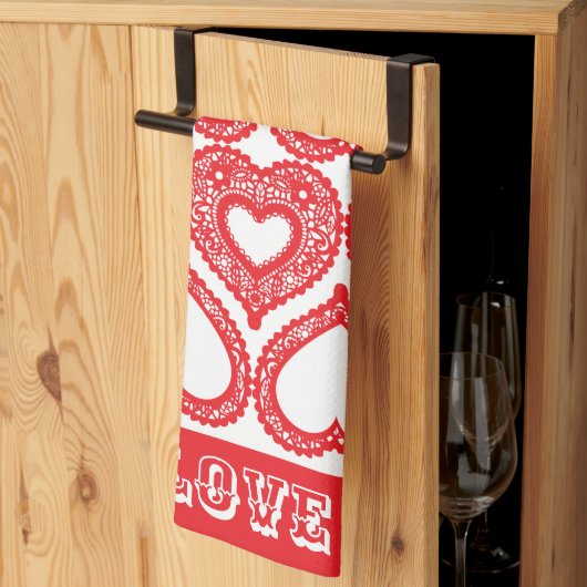 Serviettes de cuisine Red Lace Heart (Pliage en tiers)