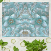 Serviettes de cuisine turquoise blanc fleuri (Plié)