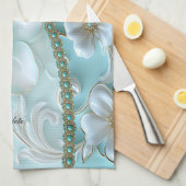 Serviettes de cuisine turquoise blanc fleuri (Quart Plié)