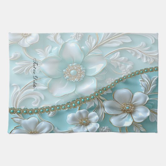 Serviettes de cuisine turquoise blanc fleuri (Horizontal)