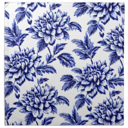 Serviettes De Table Fleurs Dahlia Bleues et Blanches Toile de Jouy