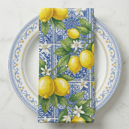 Serviettes De Table Lemon Blue French Country Watercolor Tile 