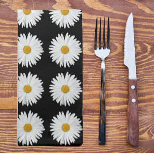 Serviettes De Table Motif floral marguerrier blanc sur noir