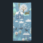 Serviettes De Table Scène d'hiver dans le blues<br><div class="desc">Un merveilleux pays d'hiver enfantin en bleu et aquas orne ces serviettes. De grands lapins hop et rennes se lient tandis que la neige tombe sur les arbres et les toits d'une ville paisible. Parfaits pour Noël, ces serviettes peuvent aussi être utilisées pour Chanukah ou toute autre occasion hivernale. Joyeuses...</div>