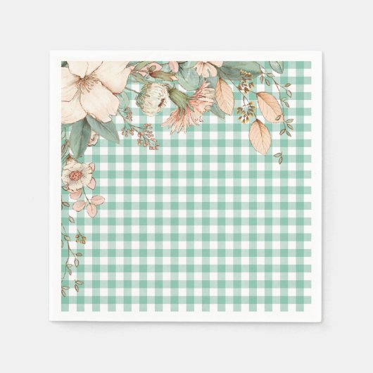 Serviettes en papier à fleurs Gingham vert (Devant)