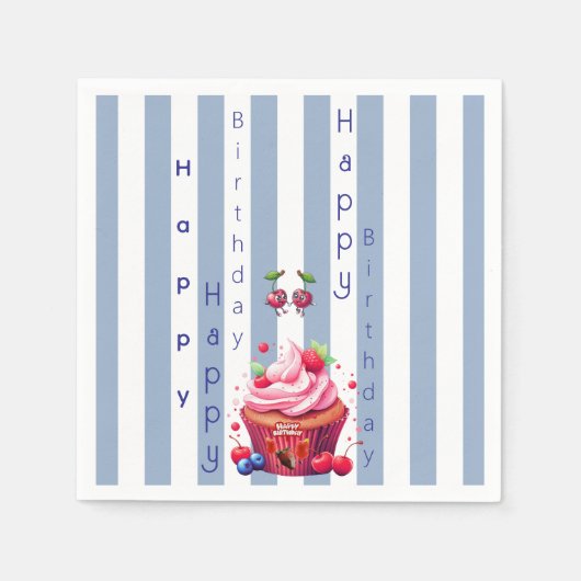 Serviettes en papier bleu et blanc rayées Joyeux A (Devant)