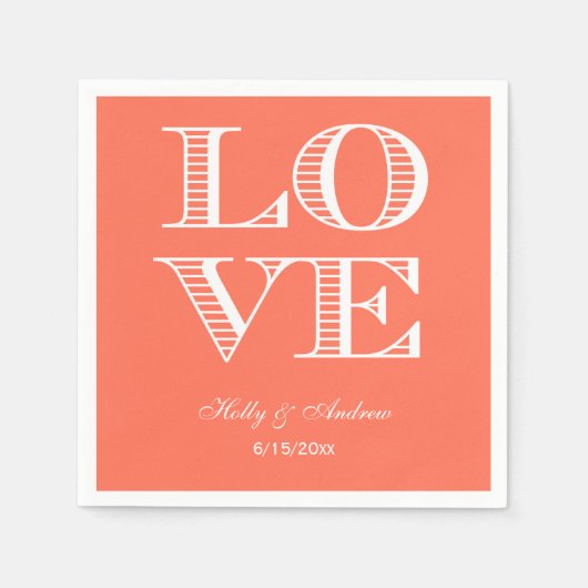 Serviettes en papier corail et blanc LOVE (Devant)