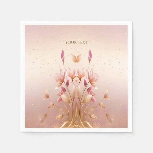 Serviettes en papier floral à feuilles dorées rose (Devant)