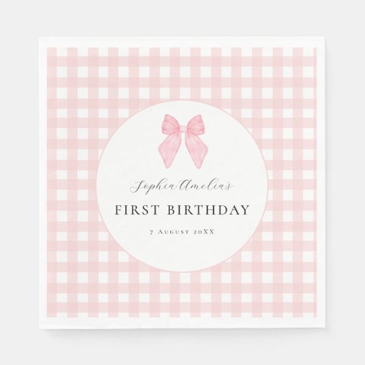 Serviettes en papier Gingham à ruban rose pour 1er (Devant)