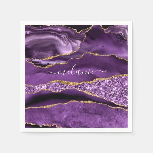 Serviettes en papier pailleté or violet avec nom p (Devant)