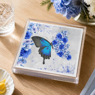 Serviettes en papier papillon floral bleu