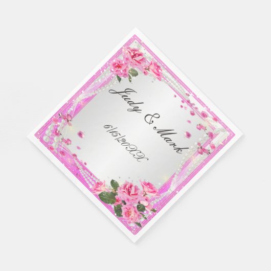 Serviettes En Papier Rose Roses Et Perles (Coin)