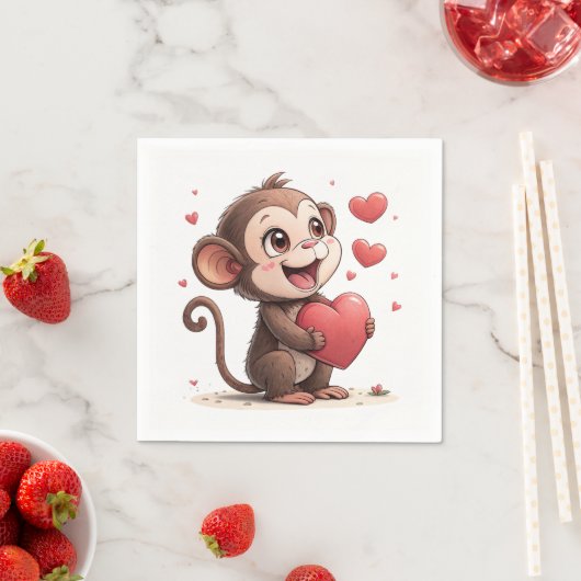 Serviettes en papier Saint-Valentin Singe Cœurs Ro (En situation)