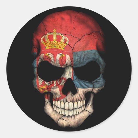 Servische vlag schedel op zwart ronde sticker (Voorkant)