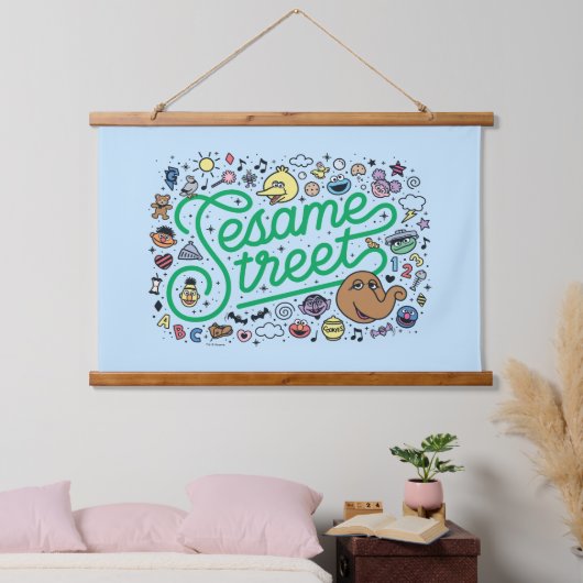 Sesam | Sesamstraat Groene Doodle Script Hangend Wandkleed (Slaapkamer)