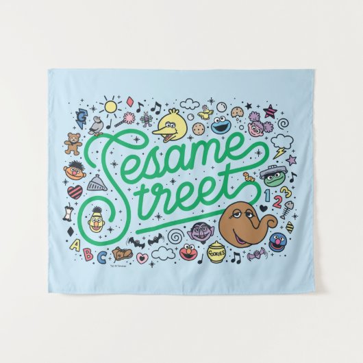 Sesam | Sesamstraat Groene Doodle Script Wandkleed (Voorkant (horizontaal))
