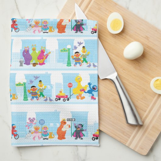 Sesame Pals die langs Sesamstraat lopen Patroon Theedoek (Quarter Fold)