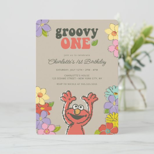 Sesame Street Elmo | Groovy One Floral Birthday Kaart (Staand voorkant)