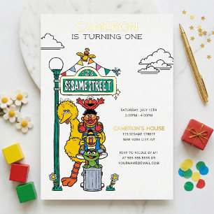 Sesame Street-personages & straatnaambord verjaard Folie Uitnodiging