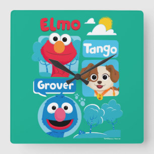 Sesamstraat Grafisch park Elmo, Tango & Grover P Vierkante Klok