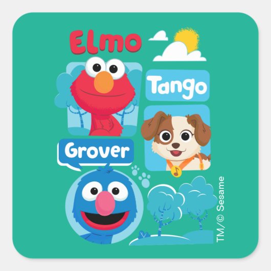 Sesamstraat | Grafisch park Elmo, Tango & Grover P Vierkante Sticker (Voorkant)