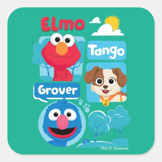 Sesamstraat | Grafisch park Elmo, Tango & Grover P Vierkante Sticker (Voorkant)