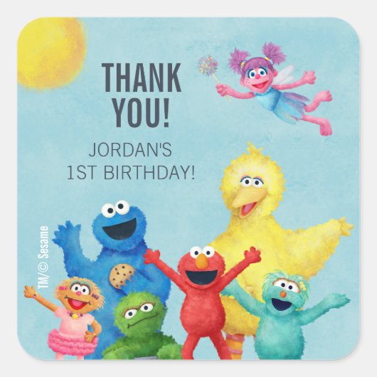 Sesamstraat illustratie Verjaardag dank u Vierkante Sticker (Voorkant)