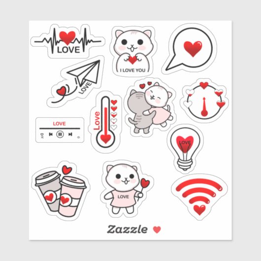 Set de 12 Valentines's Day cat stickers Love (Feuille)