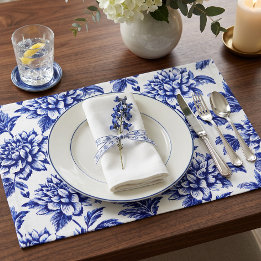 Set De Table Dahlia Fleurs Bleu et Blanc Toile de Jouy