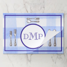 Set de table en papier MONOGRAMME à carreaux bleu