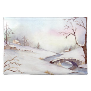Set De Table Pont Snowy Aquarelle Paysage Peinture