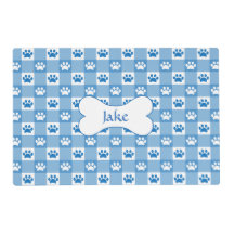 Gingham Bleu avec Empreintes de Patte et Os pour A
