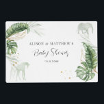 Set De Table Stratifié Jungle Safari Animaux Baby shower moderne<br><div class="desc">girafe à thème forêt sauvage,  et baby shower animal safari de garçons élégants Set de table papier avec une girafe,  un éléphant,  feuille d'or et feuilles verts.</div>