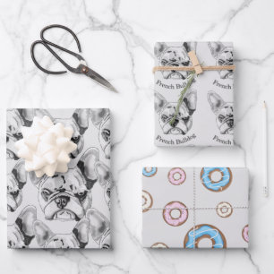 Set Franse Bulldog en donuts Pop Art Inpakpapier Vel