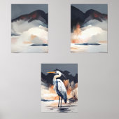 Set of 3 Heron Landscape Paintings | Orange & Gray (Recto)