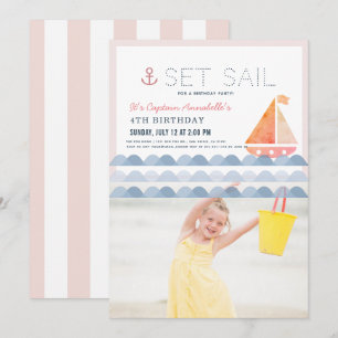 Set Sail Sailboat Pink Girl Verjaardagsfoto Kaart